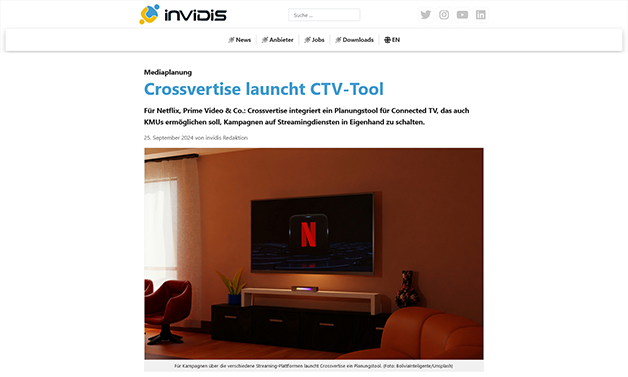 Das Bild für invidis.de: Crossvertise launcht CTV-Tool