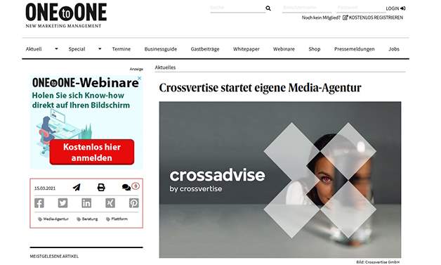 Das Bild für ONEtoONE: crossvertise startet eigene Media-Agentur